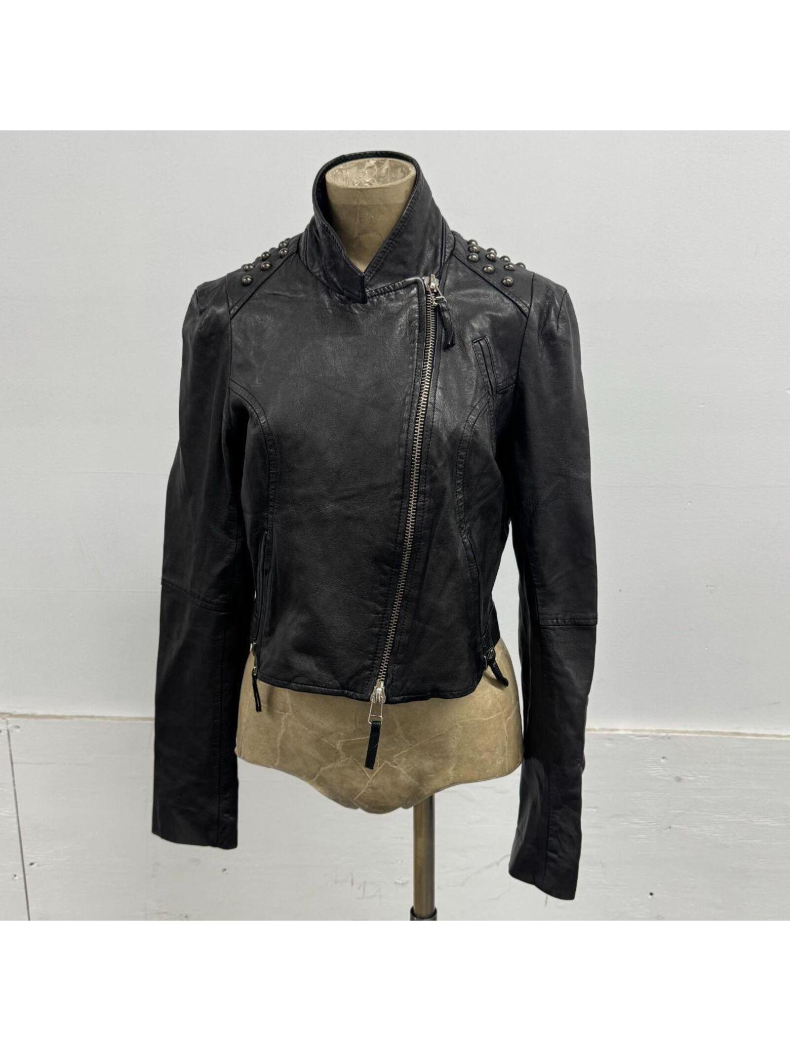 Vintage Black Studded Moto Side Zip Leather Jacket